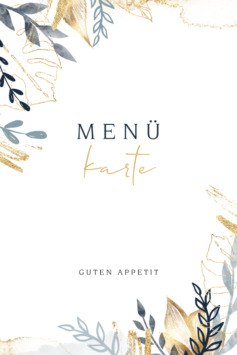 Schicke Menükarte mit Zweigen und Farbklecksen in Gold-Look