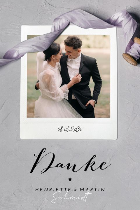 Dankeskarte Hochzeit Rustikal mit Retro-Foto und Band