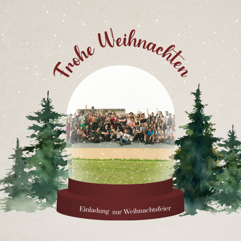 Einladung zur Weihnachtsfeier mit Schneekugel und Foto