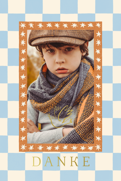 Danksagungskarte zur Kommunion mit Karos, Foto und Sternen