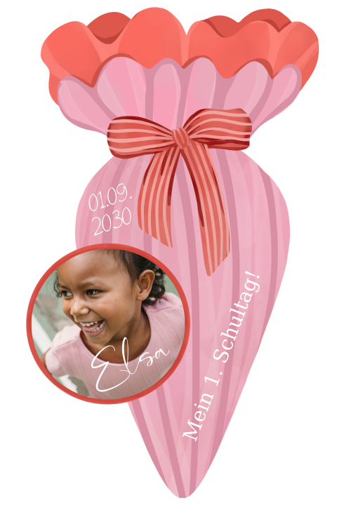 Einladung zur Einschulung als pinke Schultüte mit Foto