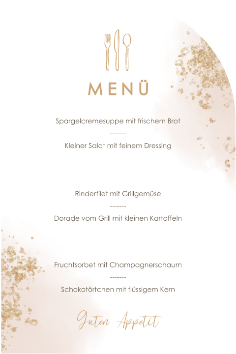 Elegante Menükarte in Bogenform mit goldenen Tupfern
