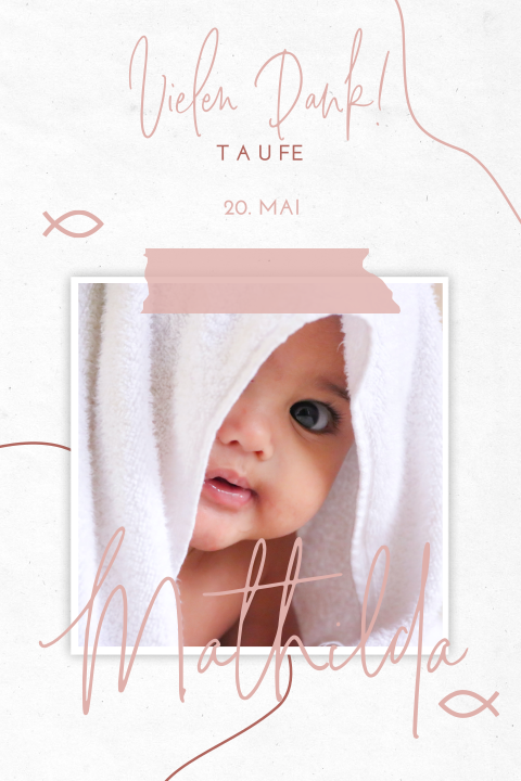 Wunderschöne Dankeskarte zur Taufe mit rosa Schreibschrift und Ichtys