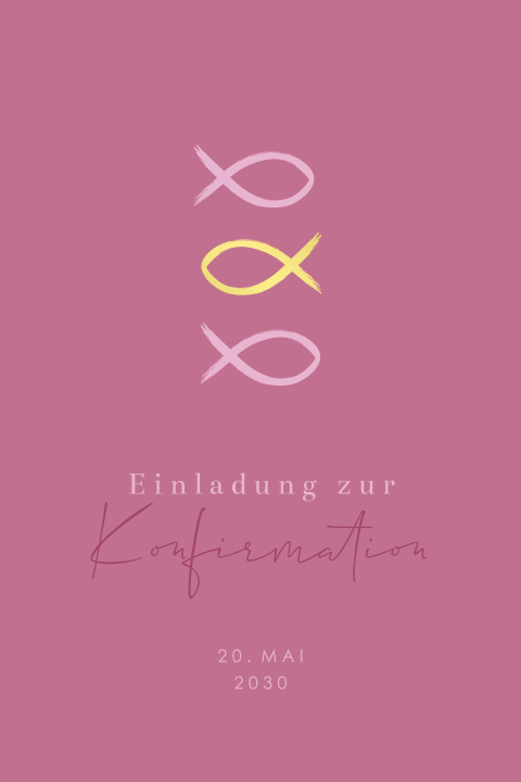 Rosa Einladung zur Konfirmation mit Ichthys-Fisch in Goldfolie