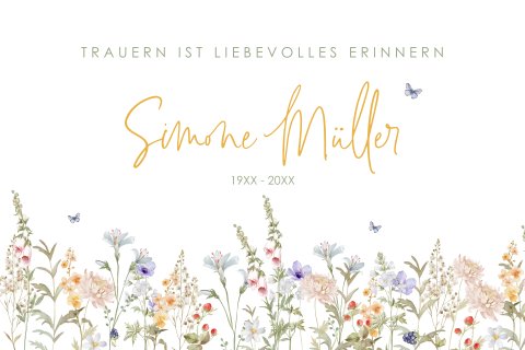 Trauer Danksagung mit bunten Feldblumen und violetten Schmetterlingen