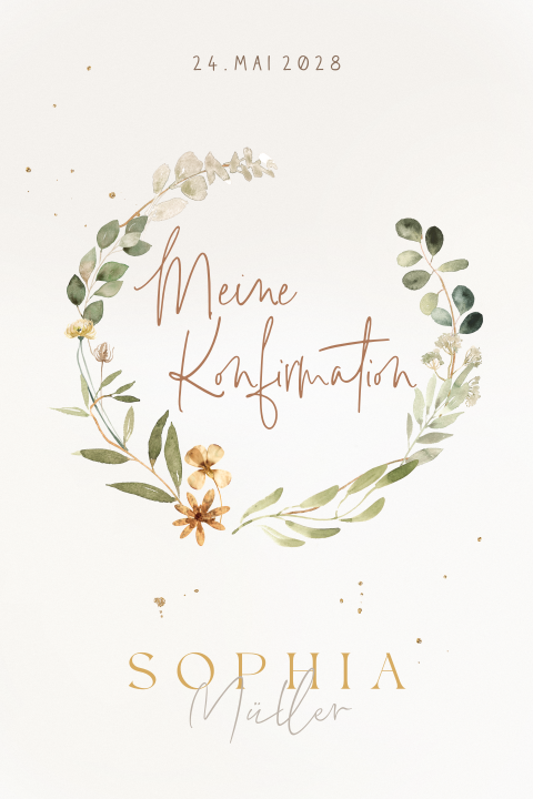 Stilvolle Einladung zur Konfirmation mit Blumenkranz und Foto