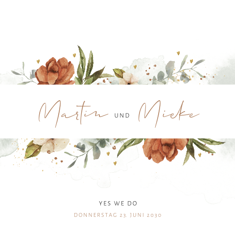 Schicke Hochzeitskarte mit Rosen und dezenten Herzen