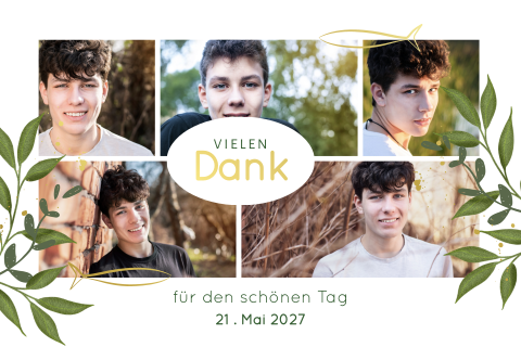 Danksagung zur Konfirmation mit Fotos, goldenen Fischen und Zweigen