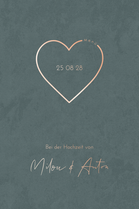 Schicke Menükarte mit Herz in Roségoldfolie und Samtoptik