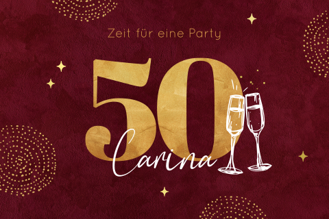 Einladung zum 50. Geburtstag in Rot mit Sternen und Feuerwerk in Gold