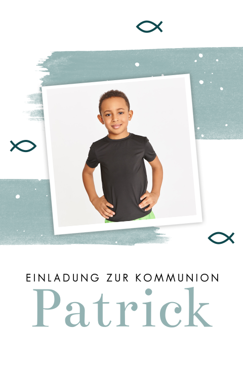 Hippe Einladung zur Erstkommunion mit Ichthys und blauen Farbstreifen