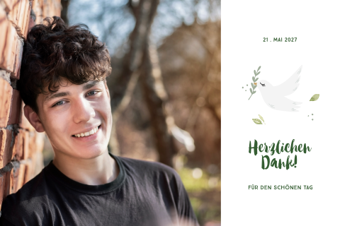 Danksagung zur Konfirmation mit großem Bild und Taube