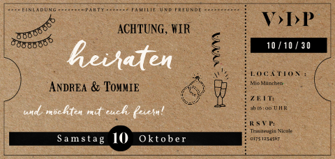 Hochzeitseinladung im Ticket Look aus Kraftoptik