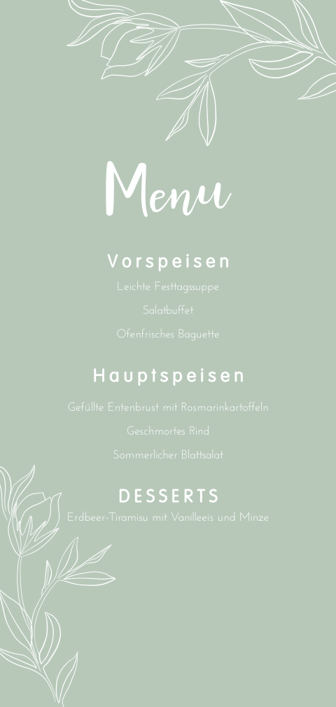 Menükarte Flora mit Zweigen für Getränke und Speisen