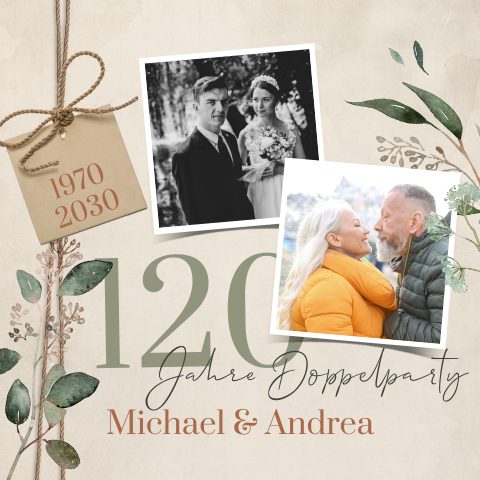 Doppelgeburtstagseinladung 120 Jahre, mit Fotos, Zweigen und Blätter