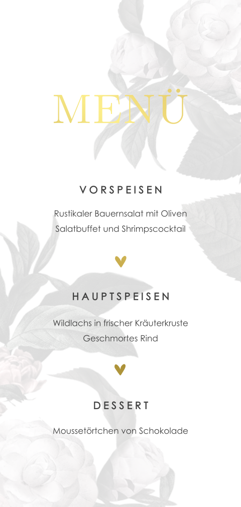 Menükarte mit Blumenhintergrund und Foliendruck