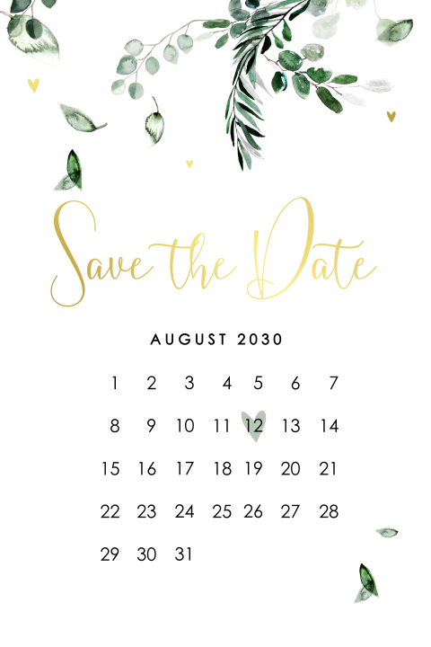 Schöne Save-the-date Karte mit markiertem Kalender und Goldschrift