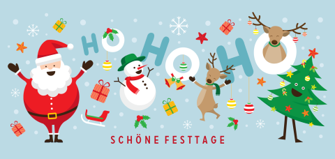 Weihnachtskarte mit Weihnachtsmann, Schneemann und Tannenbaum