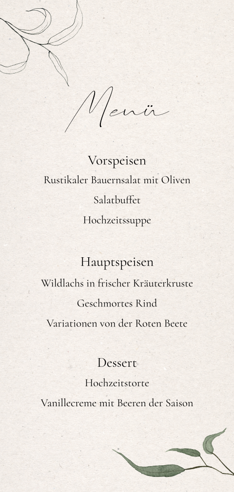 Menükarte mit grünen Aquarell Blättern und beigem Hintergrund