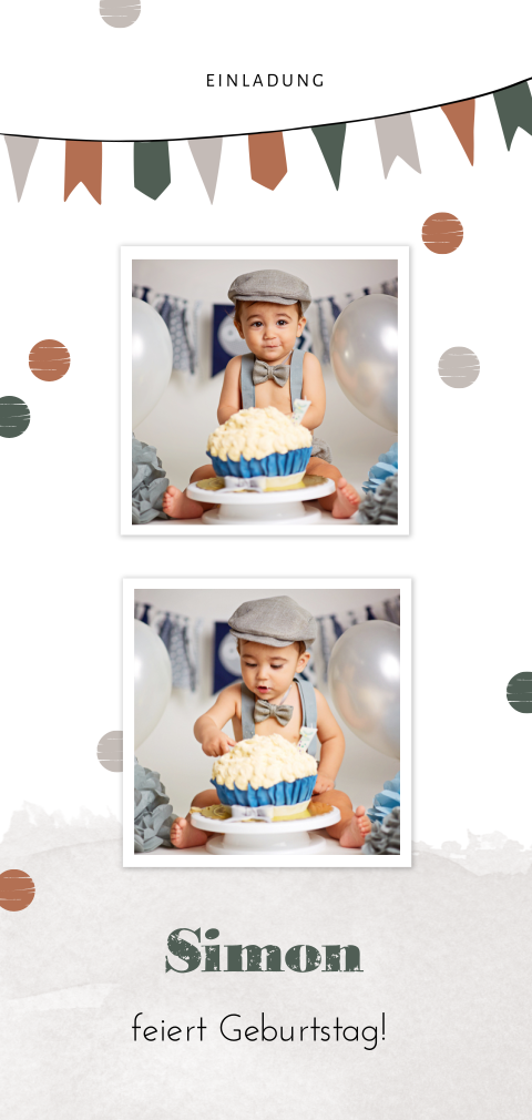 Einladung  Kindergeburtstag mit zwei Fotos Konfetti und Girlanden
