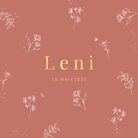 Geburtskarte mit Blümchen und Zweigen mit Goldfolie im Querformat