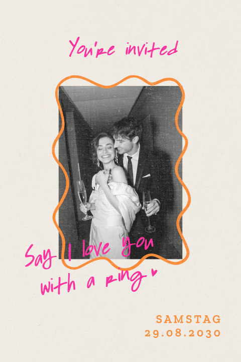 Verspielte Retro-Hochzeitseinladung mit Foto und Neonakzenten