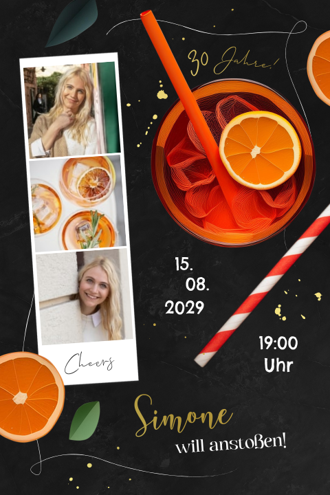 Geburtstageinladung zum 30sten mit Cocktail, Folie und Fotostreifen