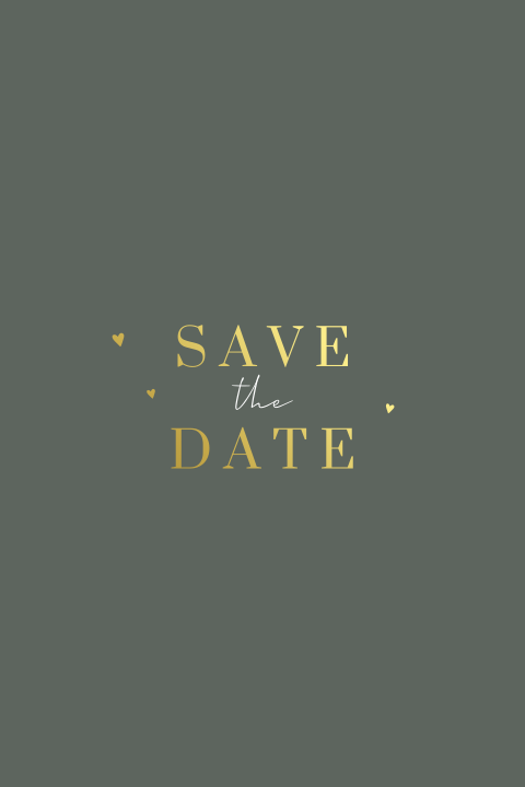 Elegante Save the date-Karte in Graugrün mit goldenen Herzchen
