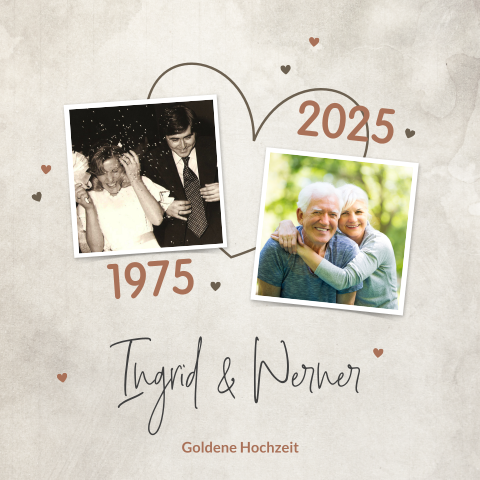 Einladung Goldene Hochzeit mit Fotos und verspielten Herzen