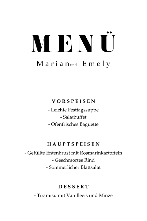 Moderne Menükarte in Schwarz und Weiß