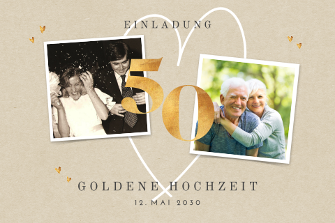 Einladung zur goldenen Hochzeit mit Fotos, Herz auf Sand-Hintergrund