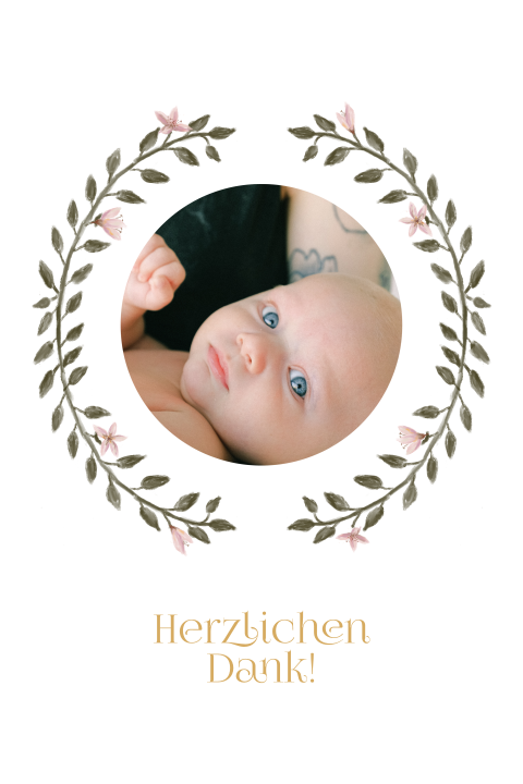 Dankeskarte zur Taufe mit Foto und Zweigen im Hochformat