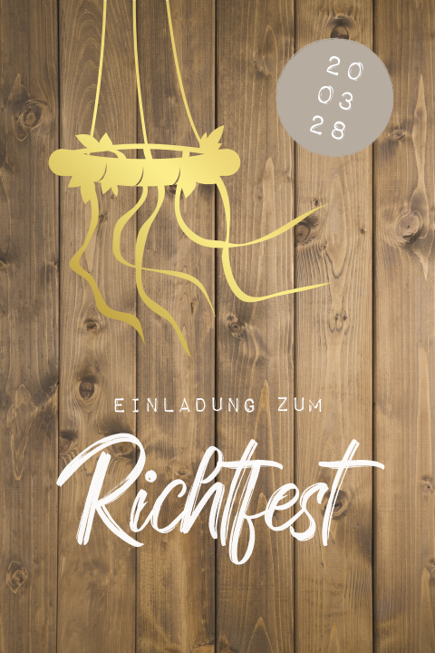 Einladung zum Richtfest mit abgerundeten Ecken und Holzlook