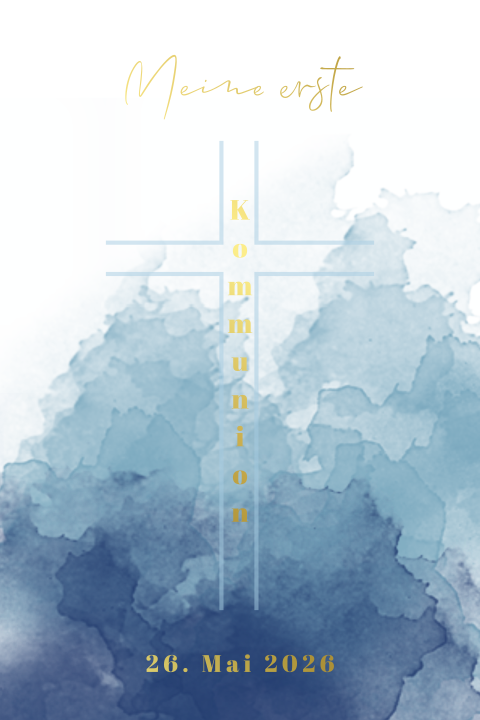 Aquarellierte Kommunionskarte mit Kreuz und Goldfolie