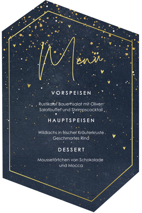 Besondere Menükarte mit Goldfolien Herz auf dunkelblau