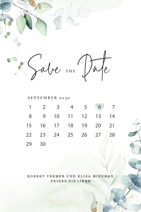 Save the Date Karte mit Aquarell Eukalyptus-Zweigen und Kalender