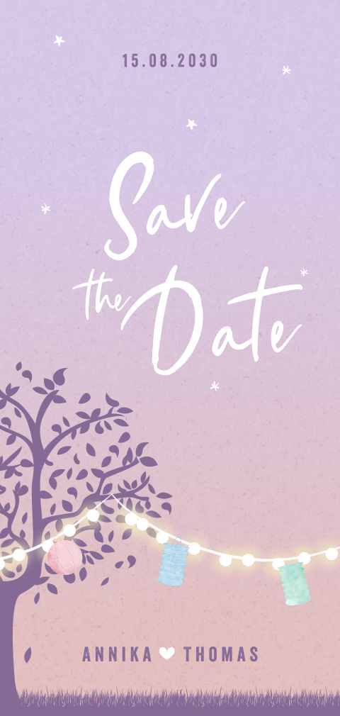 Save the Date Sommernhochzeit mit Lichterketten