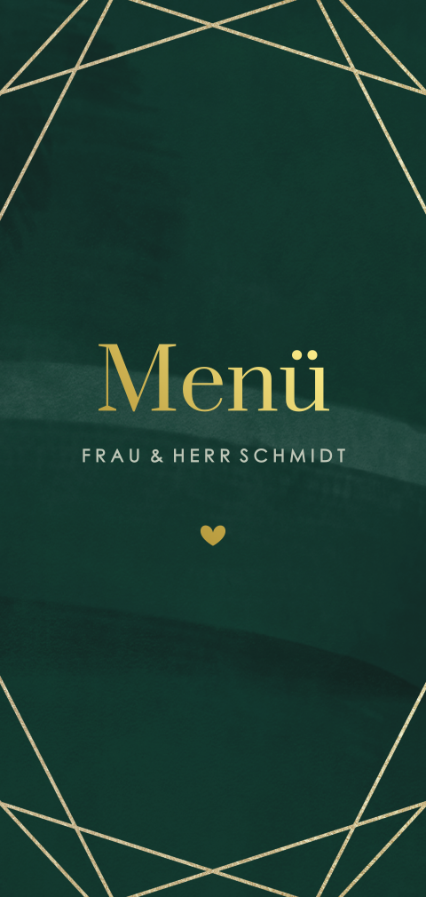 Grüne Menükarte in geometrischer Form mit Goldfolie