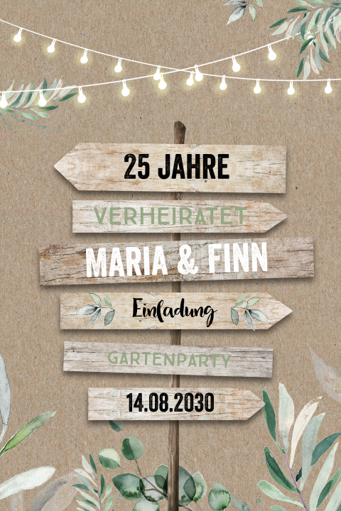 Einladung Silberhochzeit Gartenparty im Kraftlook mit Wegweiser