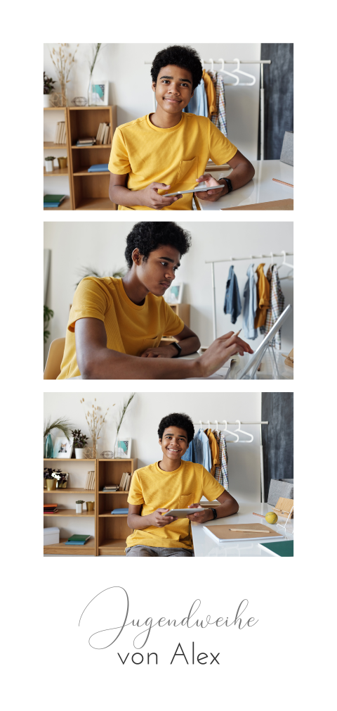 Schlichte Einladung zur Jugendweihe mit Fotostreifen