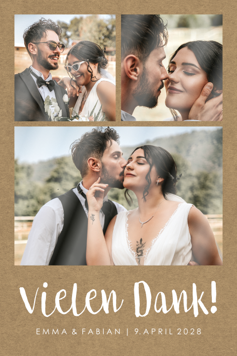 Kraft-Look Hochzeit Dankeskarte mit Hochglanz-Fotos