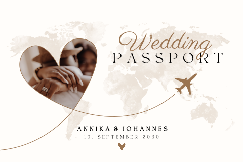 Reisepass-Hochzeitskarte beige mit Foto und Herz