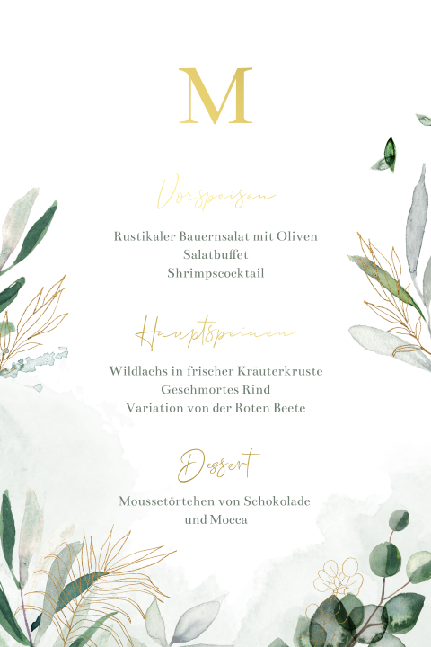 Stilvolle Speisekarte mit grünen Aquarellzweigen
