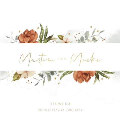 Schicke Hochzeitskarte mit Rosen und dezenten Herzen und Mattgoldfolie