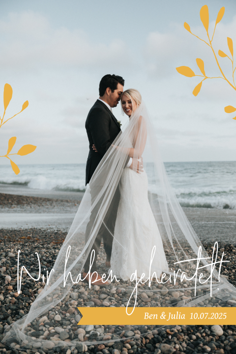 Ockergelbe Wir-haben-geheiratet-Karte mit großem Hochzeitsfoto