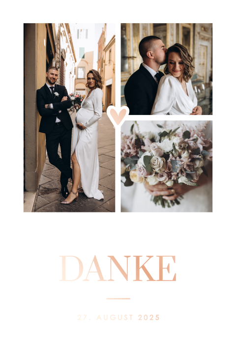 Dankeskarte Hochzeit mit Roségoldfolie und 3 Fotos