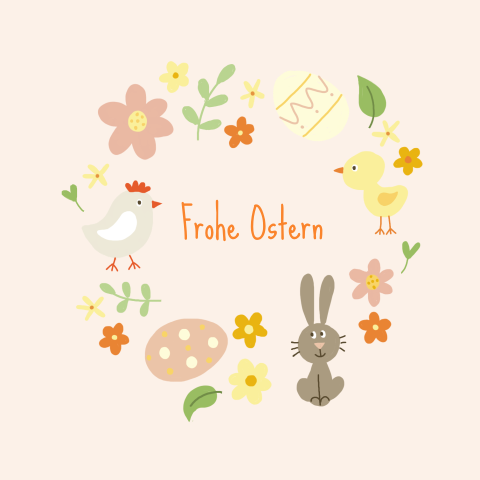 Osterkarte mit Vögeln, Blumen und Ostereiern