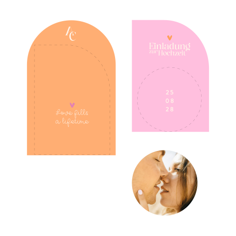 Hochzeitseinladung mit Foto in Orange und Pink in gebogener Form