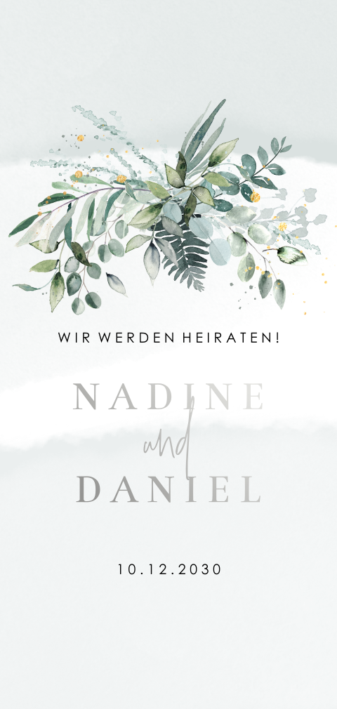 Elegante Hochzeitskarte im Hochformat mit Aquarell Blumen