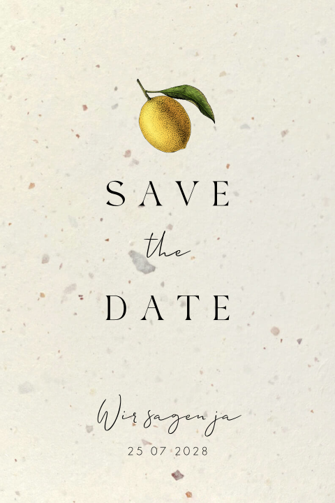 Rustikale Save the Date Karte mit Zitronenzweigen und Blüten